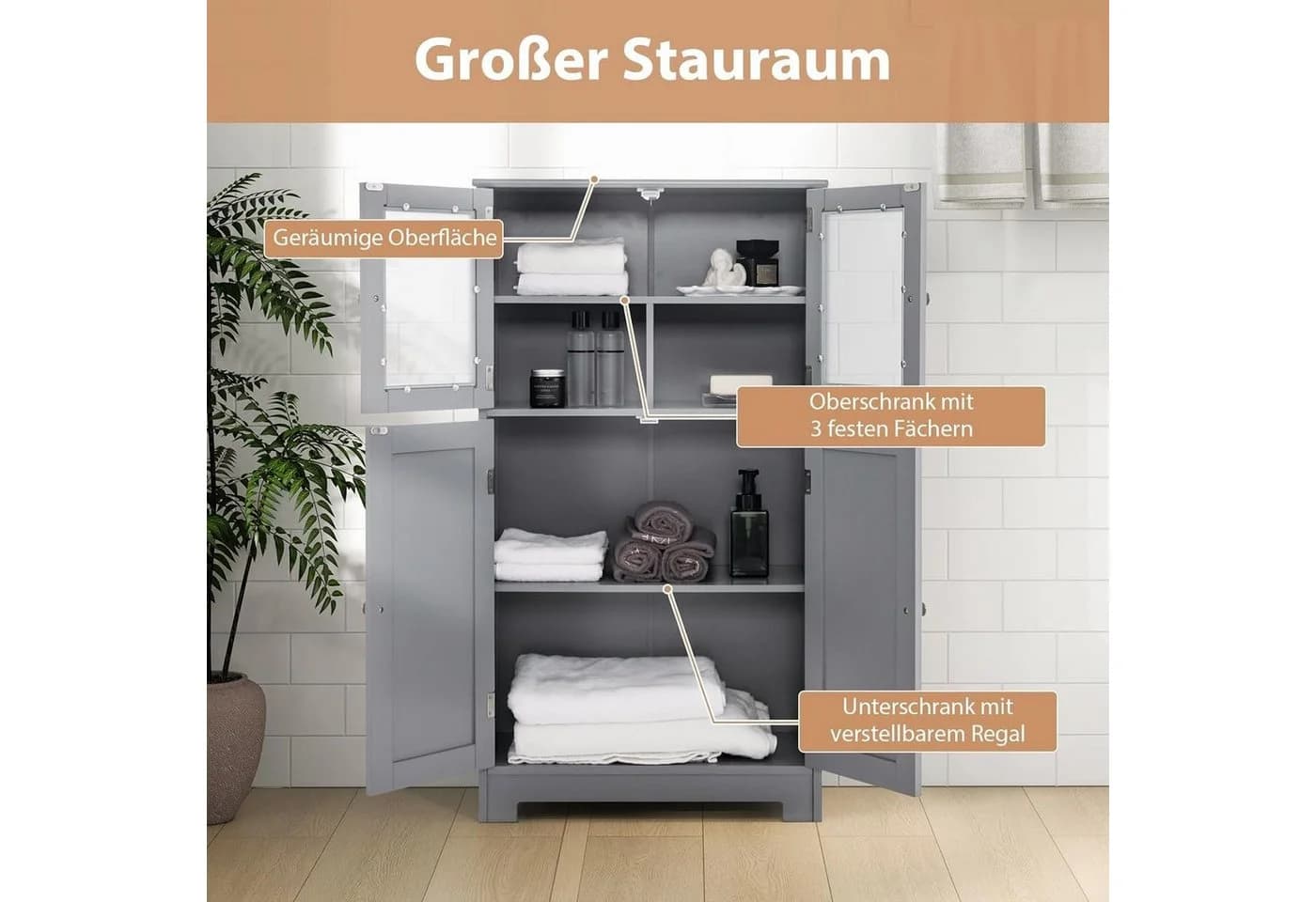KOMFOTTEU Mehrzweckschrank Grau Küchenschrank Badezimmerschrank 4 Ebenen Glastüren