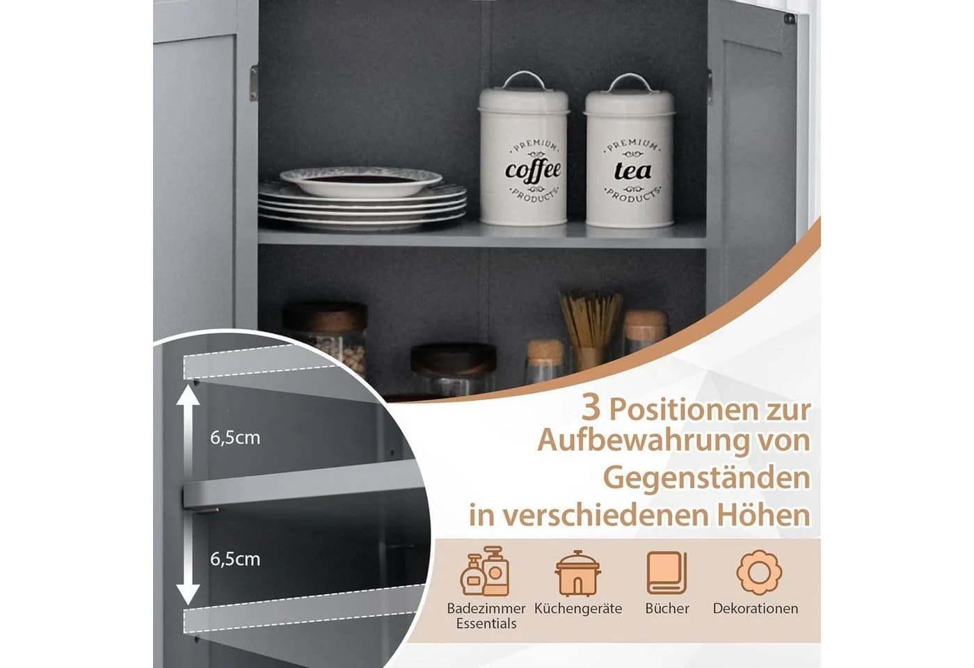 KOMFOTTEU Mehrzweckschrank Grau Küchenschrank Badezimmerschrank 4 Ebenen Glastüren - Bild 3