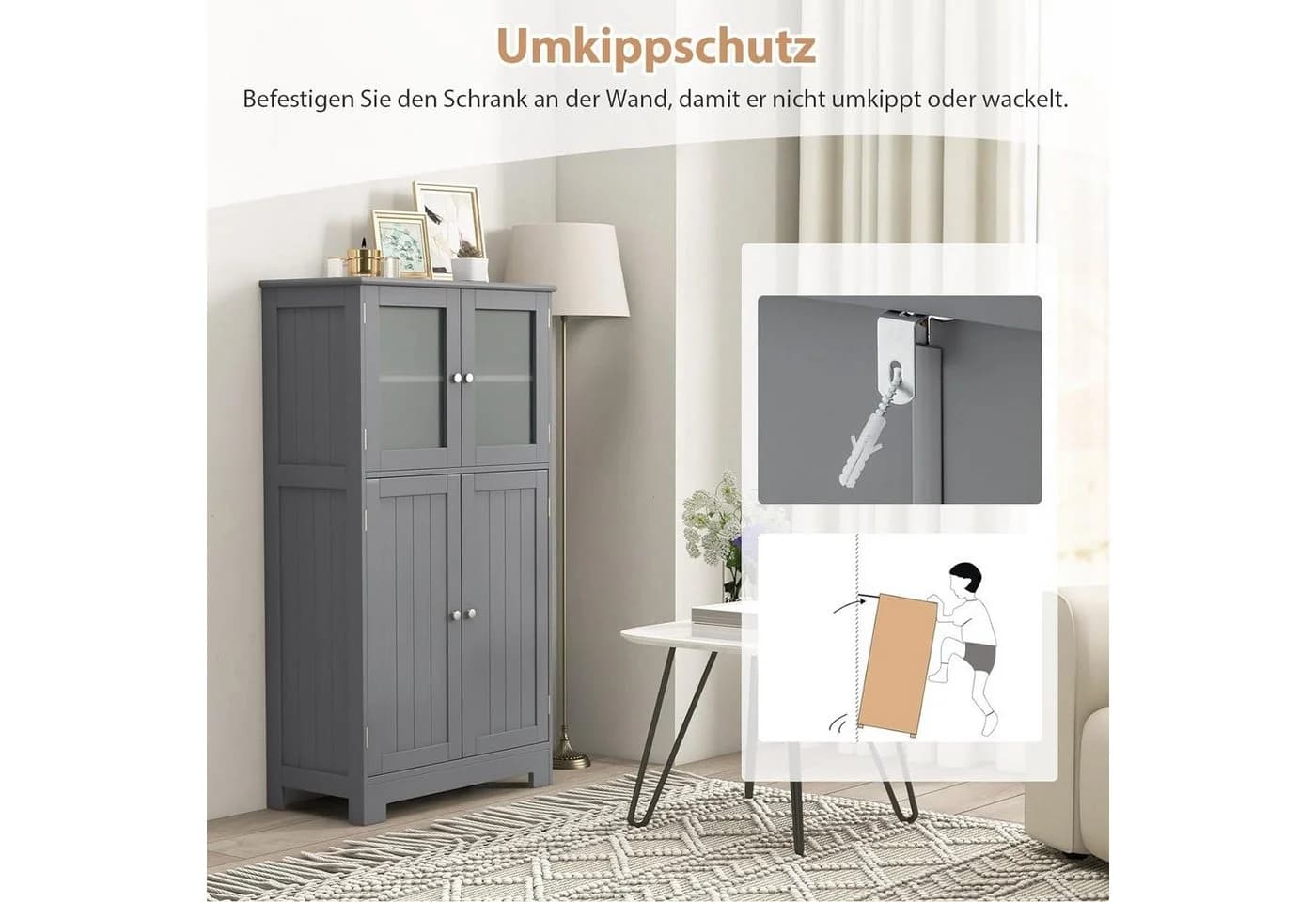 KOMFOTTEU Mehrzweckschrank Grau Küchenschrank Badezimmerschrank 4 Ebenen Glastüren - Bild 4