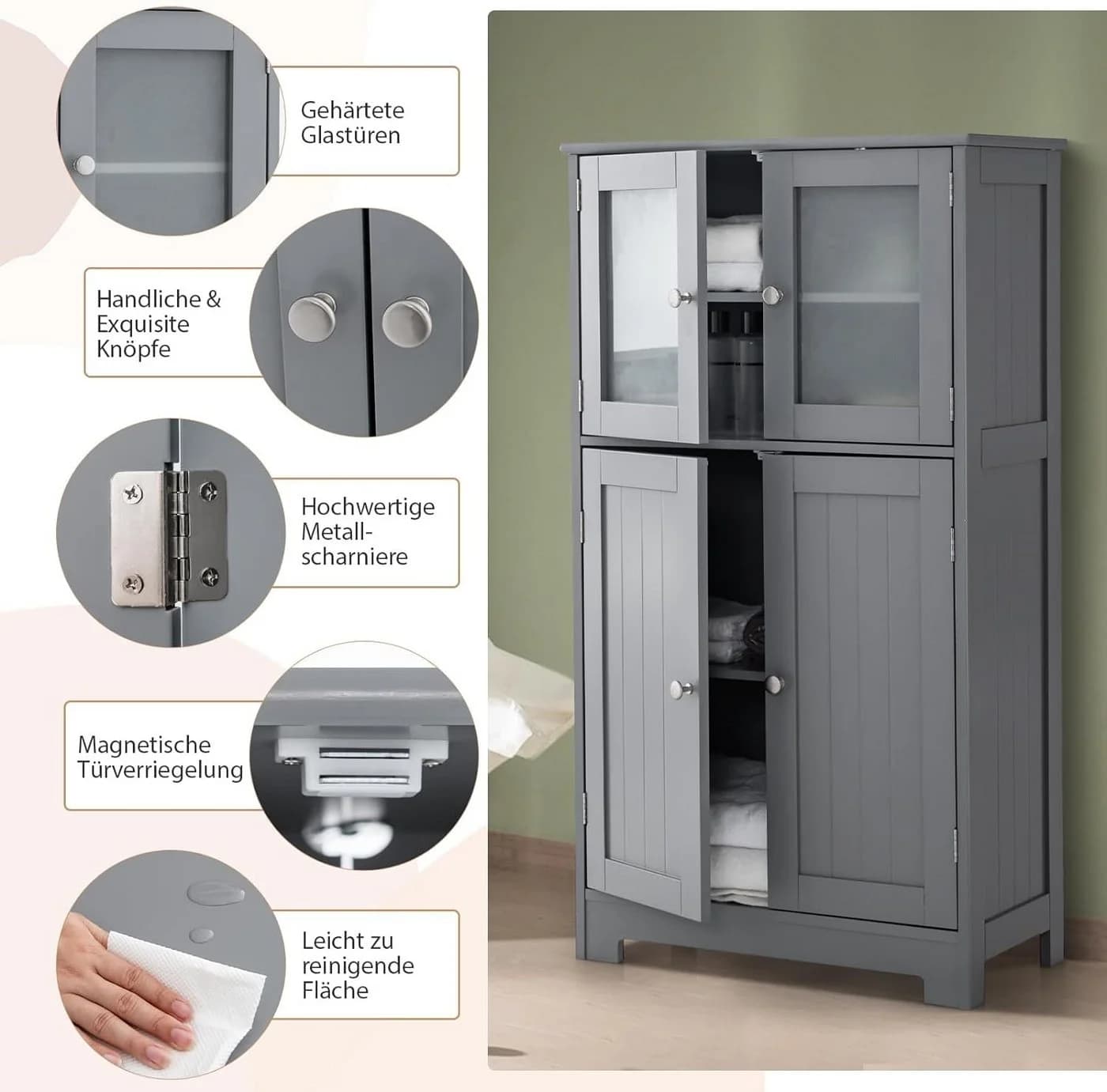 KOMFOTTEU Mehrzweckschrank Grau Küchenschrank Badezimmerschrank 4 Ebenen Glastüren - Bild 5