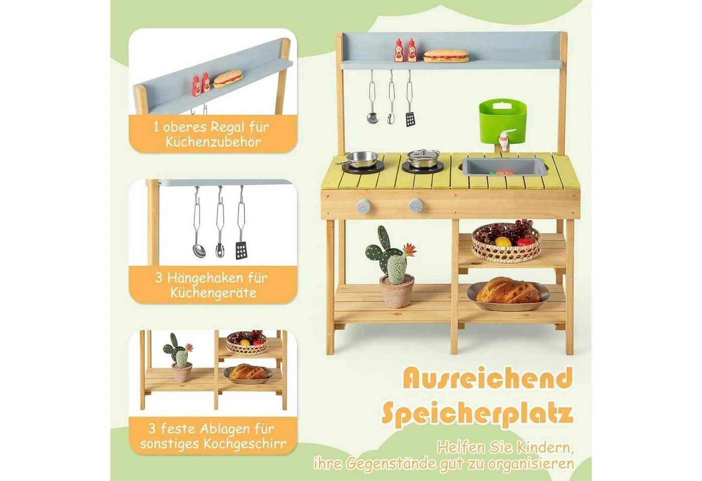 KOMFOTTEU Spielküche Kinderküche Orange Natur Holz - Bild 5