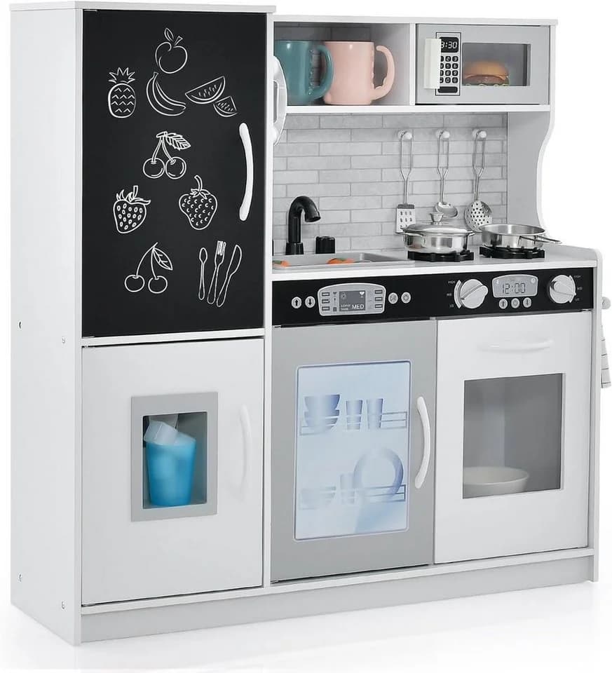 KOMFOTTEU Spielküche Kinderküche mit Mikrowelle, Backofen, Wasserbecken, Kreidetafel & Eismaschine - Bild 2