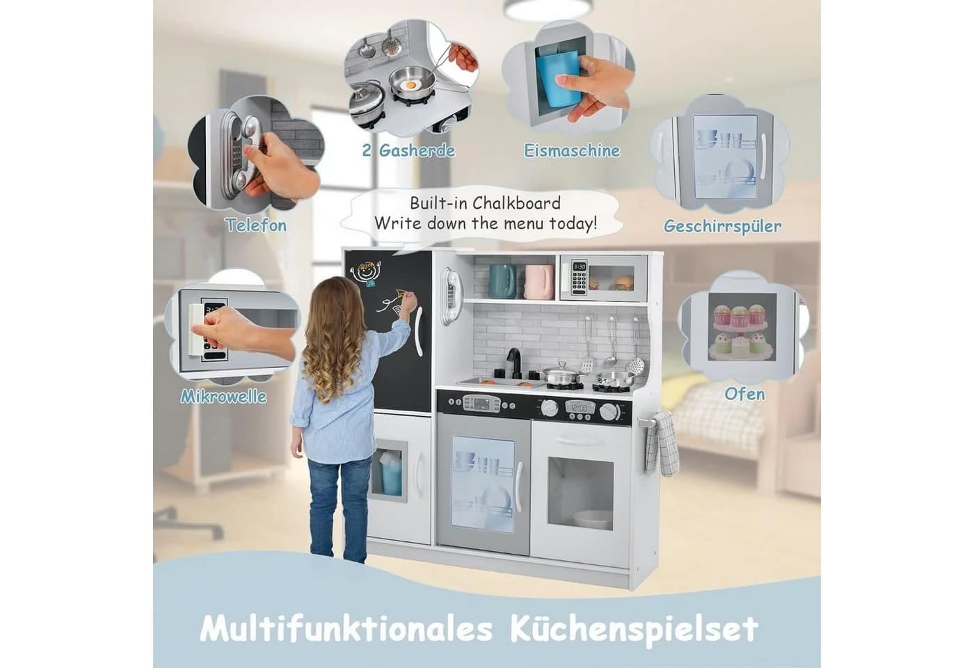KOMFOTTEU Spielküche Kinderküche mit Mikrowelle, Backofen, Wasserbecken, Kreidetafel & Eismaschine - Bild 3