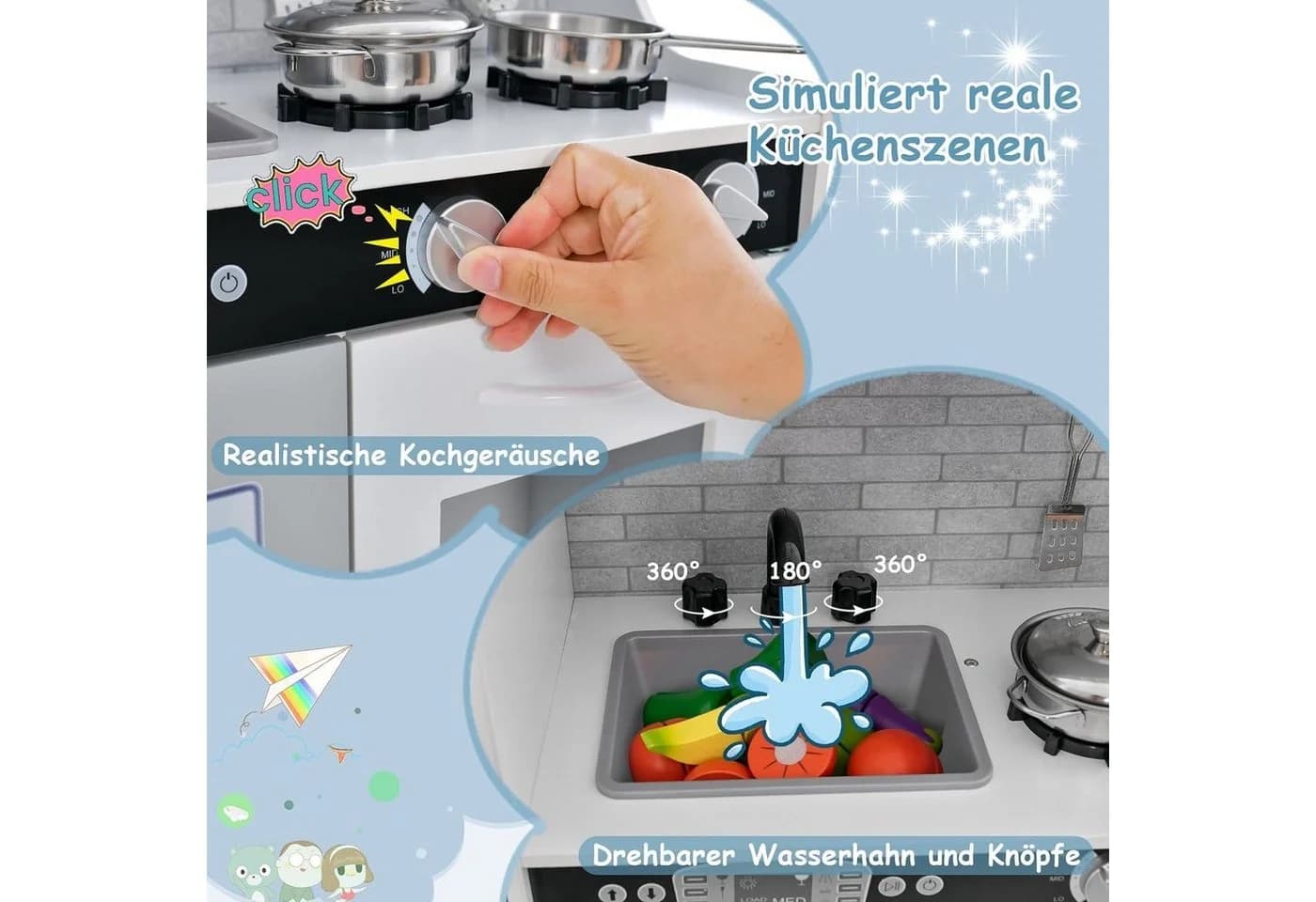 KOMFOTTEU Spielküche Kinderküche mit Mikrowelle, Backofen, Wasserbecken, Kreidetafel & Eismaschine - Bild 4