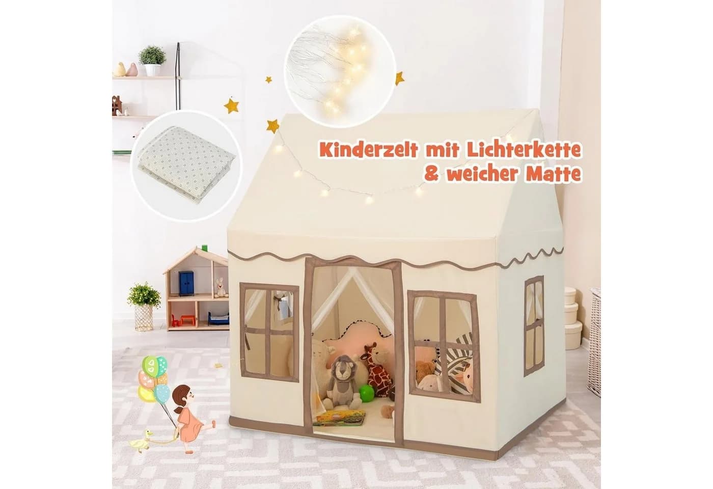 KOMFOTTEU Spielzelt Kinderspielhaus Beige/Braun/Rosa/Grau