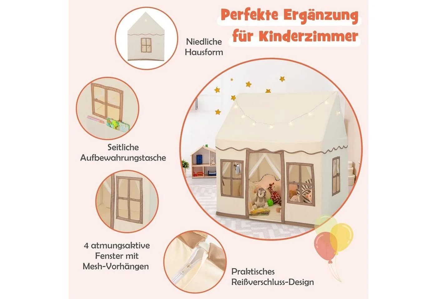 KOMFOTTEU Spielzelt Kinderspielhaus Beige/Braun/Rosa/Grau - Bild 5