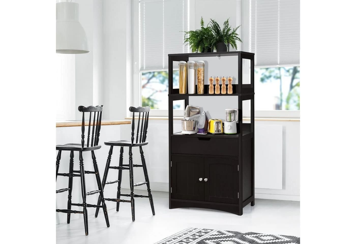 COSTWAY Mehrzweckschrank mit Türen, 3 Regalen & Schublade Weiß/Grau/Schwarz