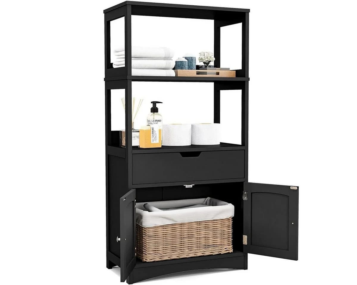 COSTWAY Mehrzweckschrank mit Türen, 3 Regalen & Schublade Weiß/Grau/Schwarz - Bild 2