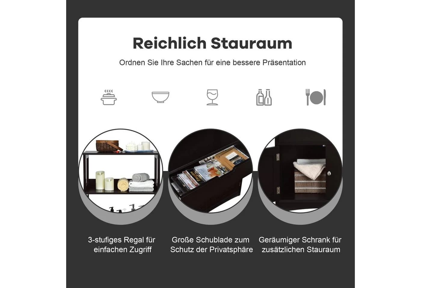 COSTWAY Mehrzweckschrank mit Türen, 3 Regalen & Schublade Weiß/Grau/Schwarz - Bild 3