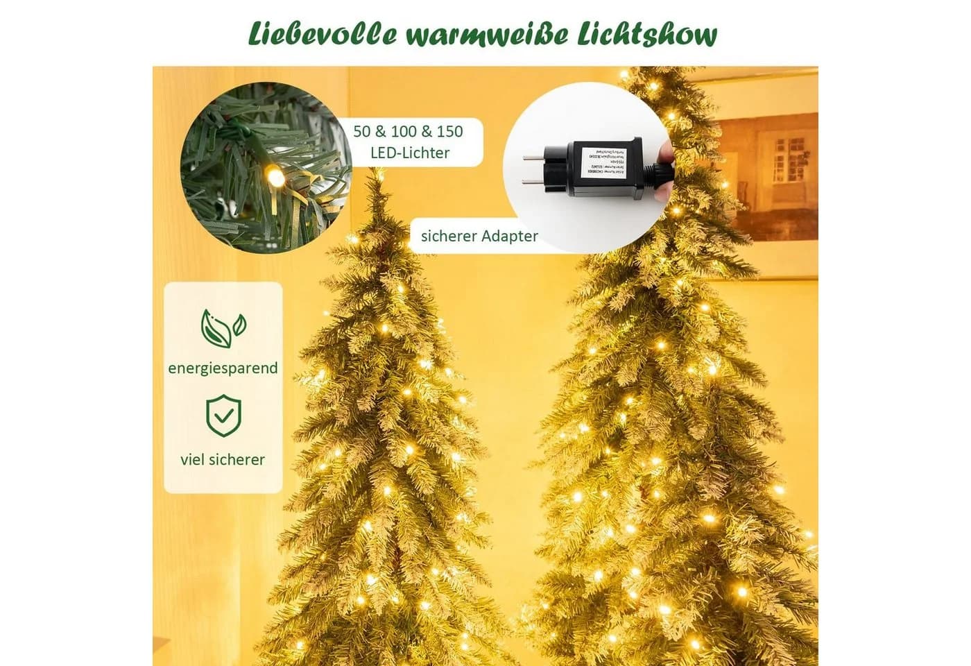 COSTWAY Künstlicher Weihnachtsbaum 3er Set 90+120+150cm Grün Weiß LED - Bild 4