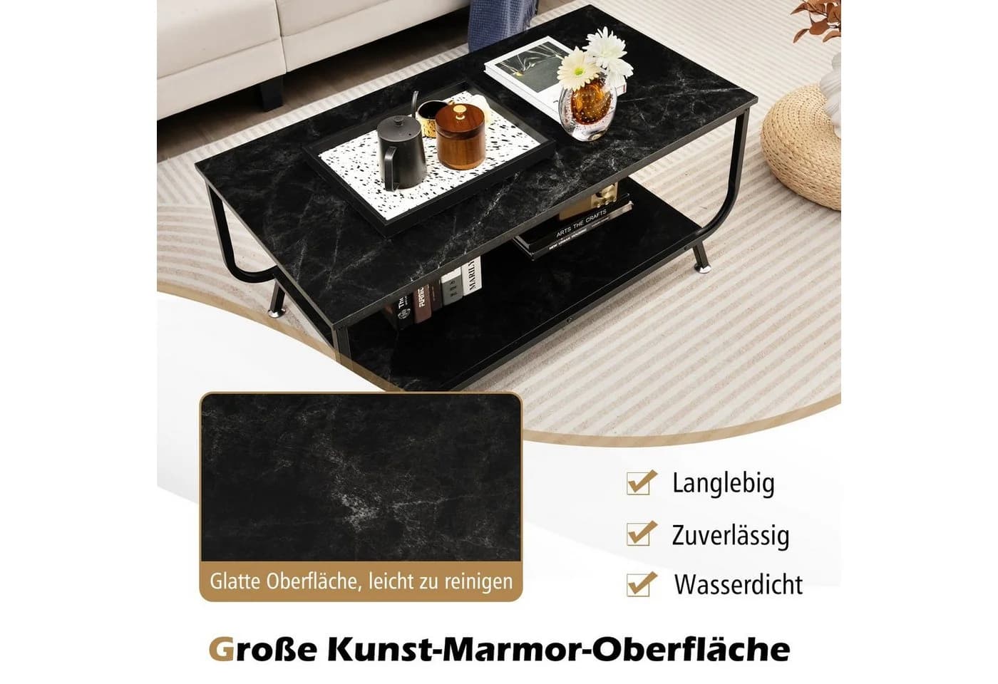 COSTWAY Couchtisch Marmor Rechteckig Schwarz