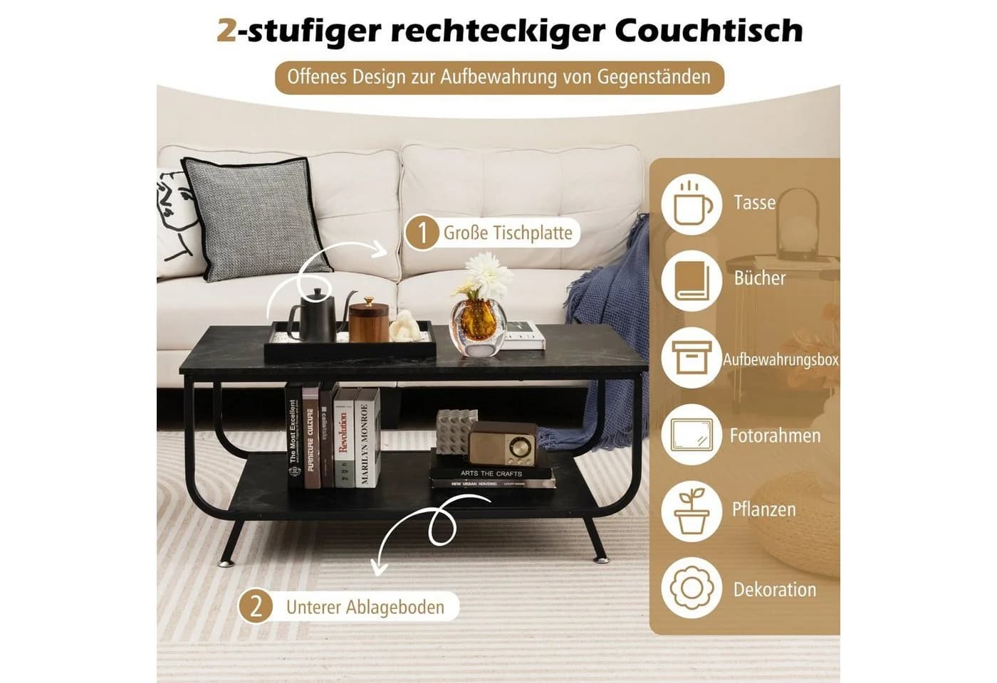 COSTWAY Couchtisch Marmor Rechteckig Schwarz - Bild 4