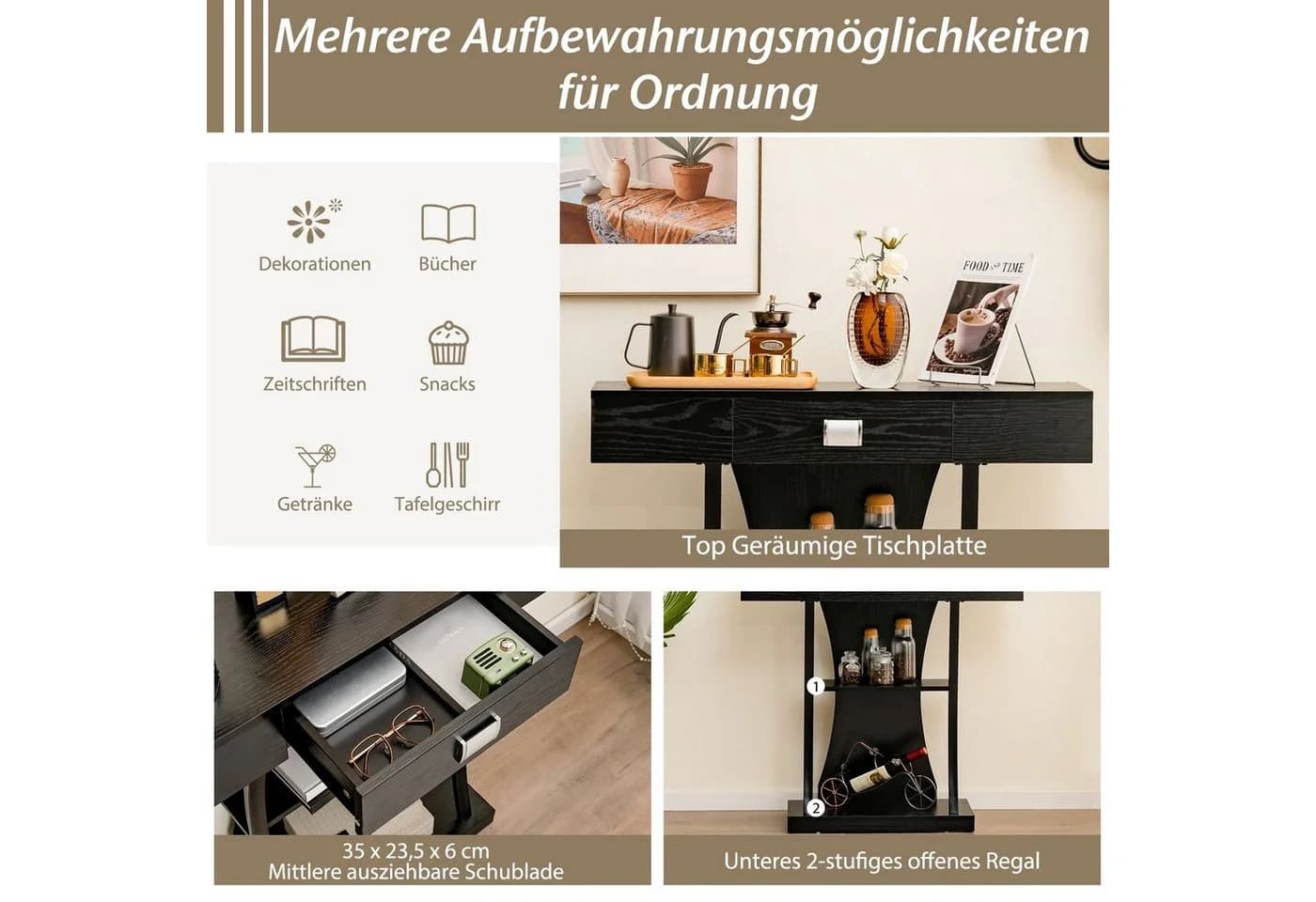 COSTWAY Konsolentisch Schmal mit Schubladen Schwarz Flurtisch - Bild 3