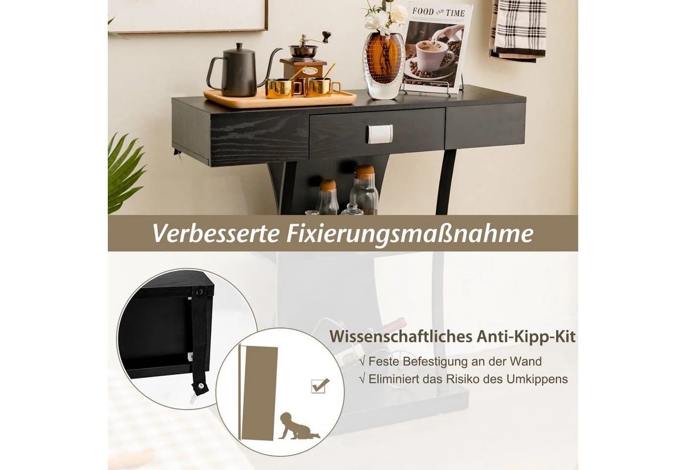 COSTWAY Konsolentisch Schmal mit Schubladen Schwarz Flurtisch - Bild 4