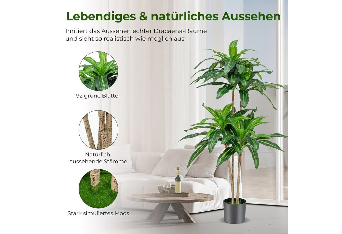 COSTWAY Künstliche Dracena 140 cm mit Topf 92 Blättern - Bild 5
