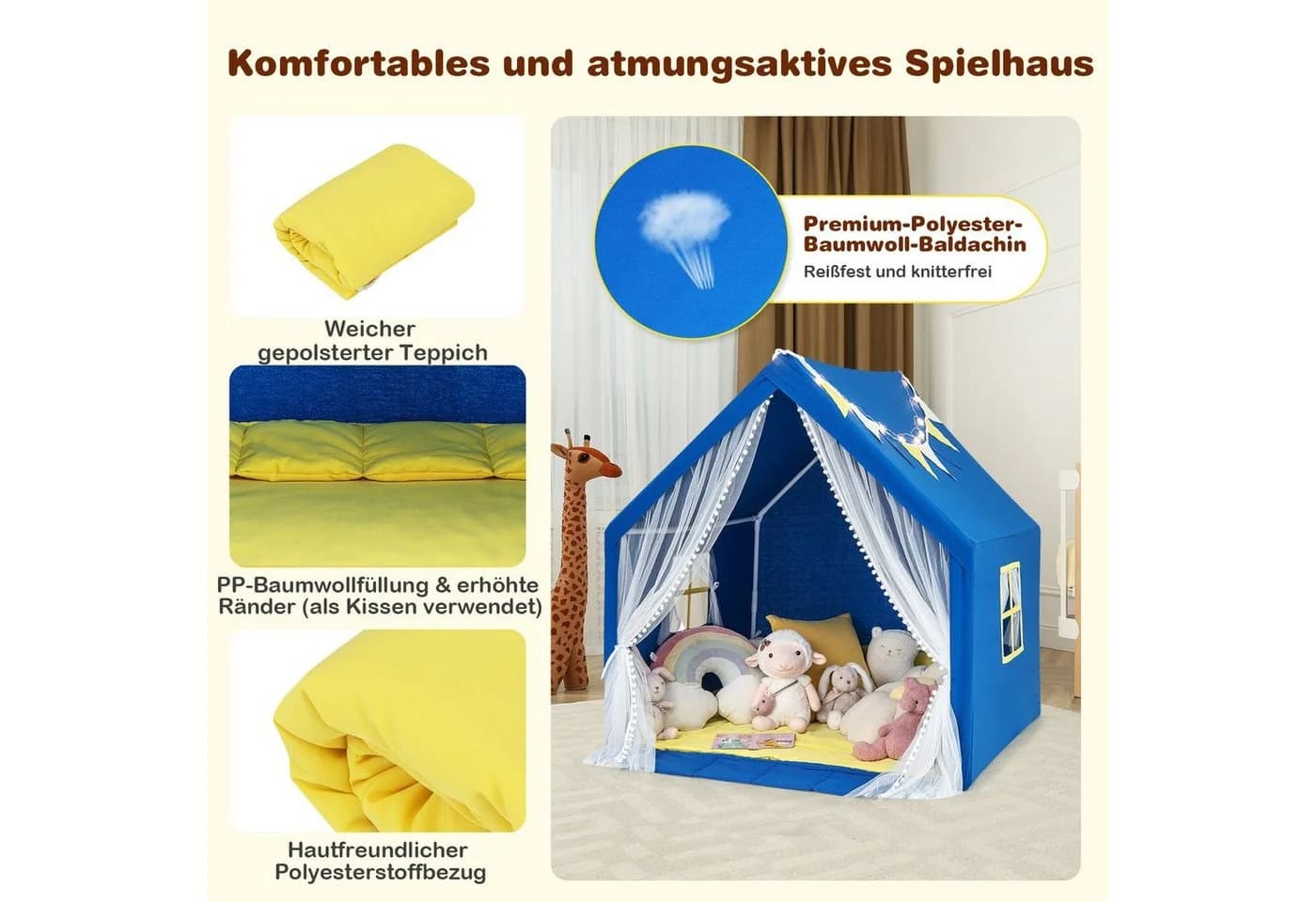 COSTWAY Spielzelt Kinder Spielhaus Blau 122 x 105 x 125 cm - Bild 5