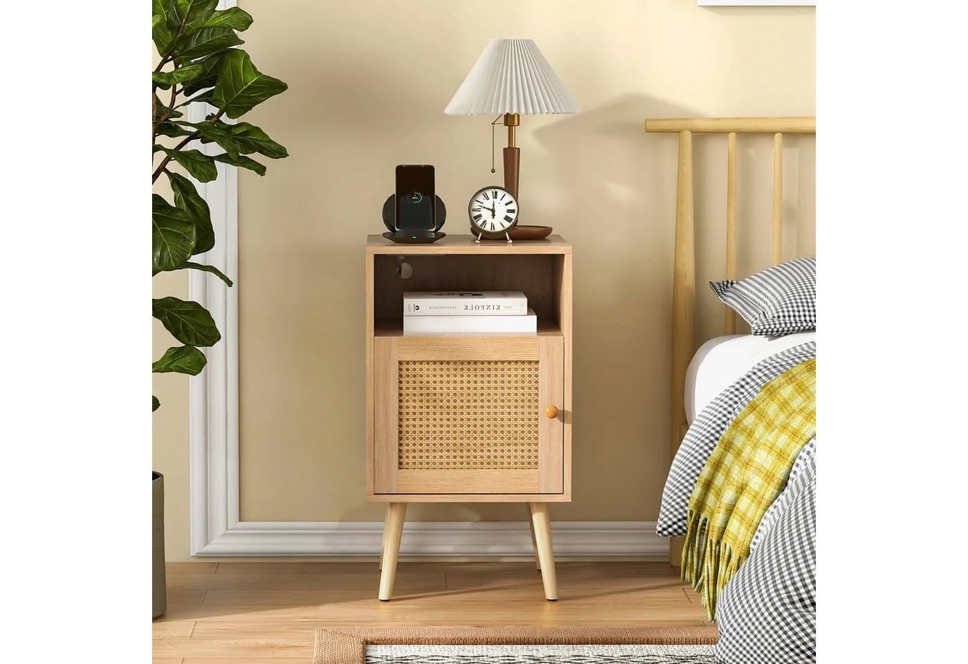 COSTWAY Nachttisch 2-St. Rattan mit offenem Regal & Tür 40 x 39 x 70cm