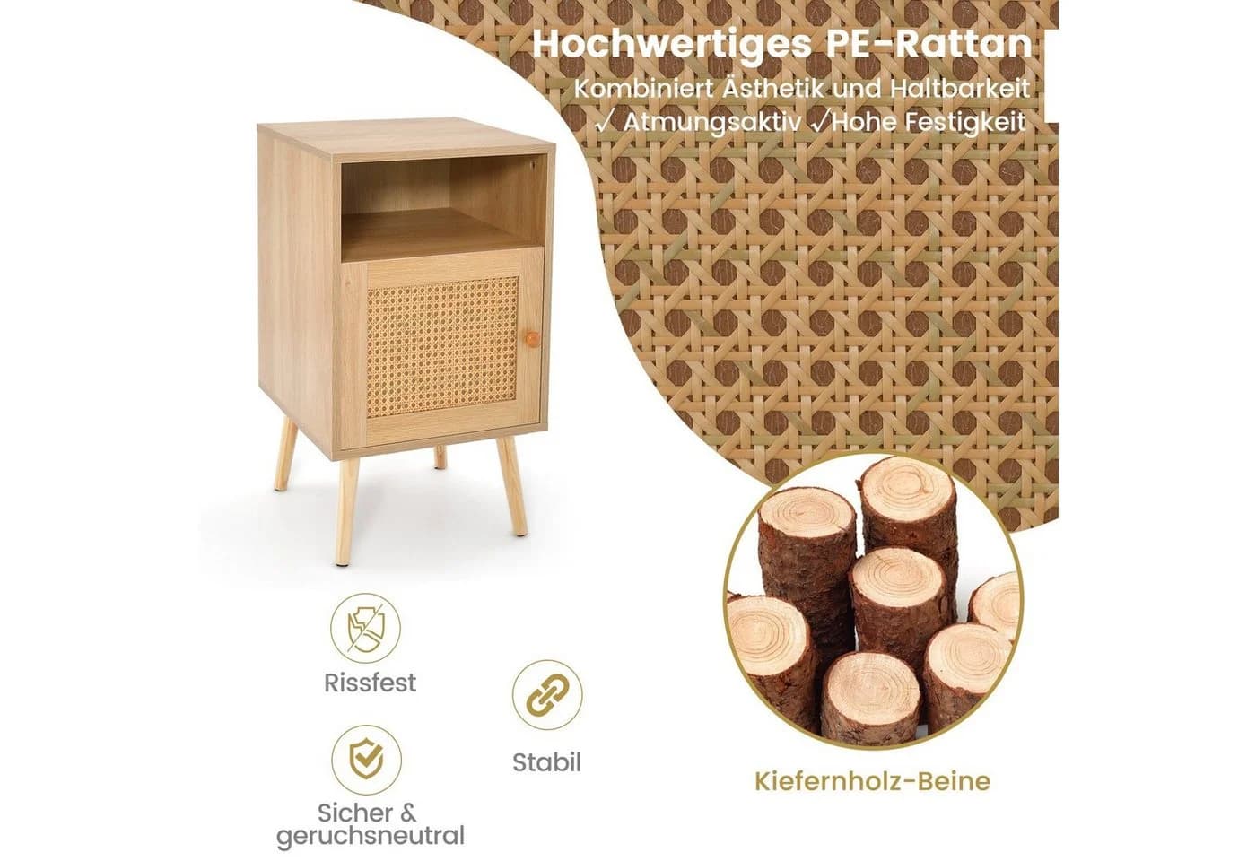 COSTWAY Nachttisch 2-St. Rattan mit offenem Regal & Tür 40 x 39 x 70cm - Bild 4