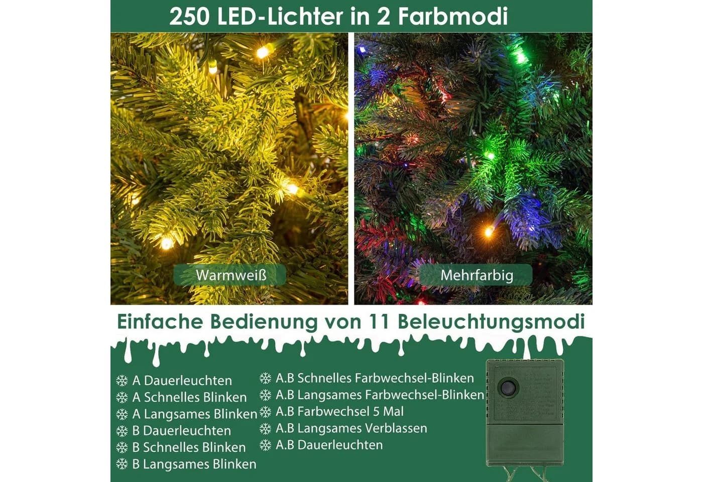 COSTWAY Künstlicher Weihnachtsbaum 150cm Grün 250 LED-Lichter - Bild 5