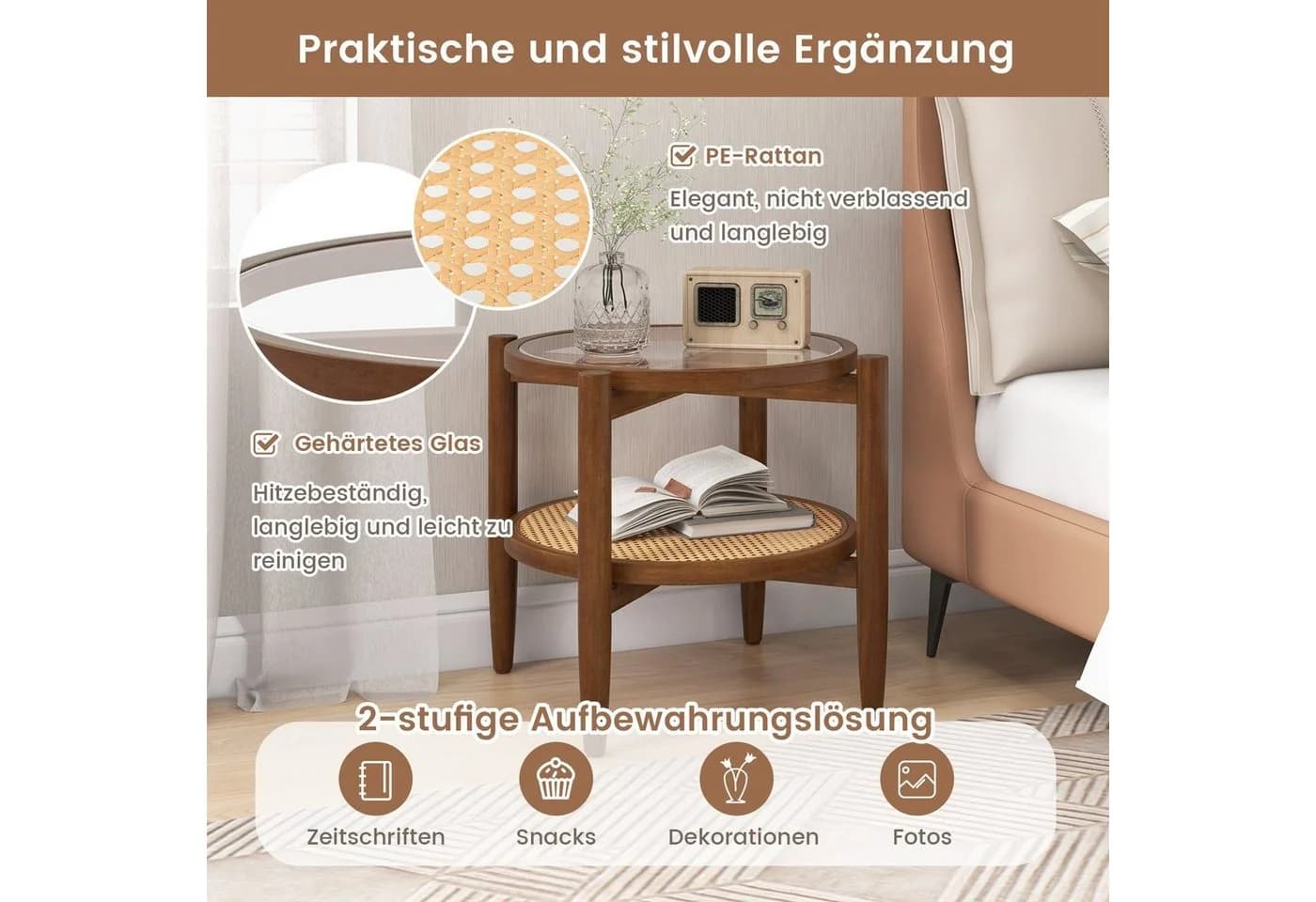 Moderner Beistelltisch aus Akazienholz, Glas und Rattan - Bild 3