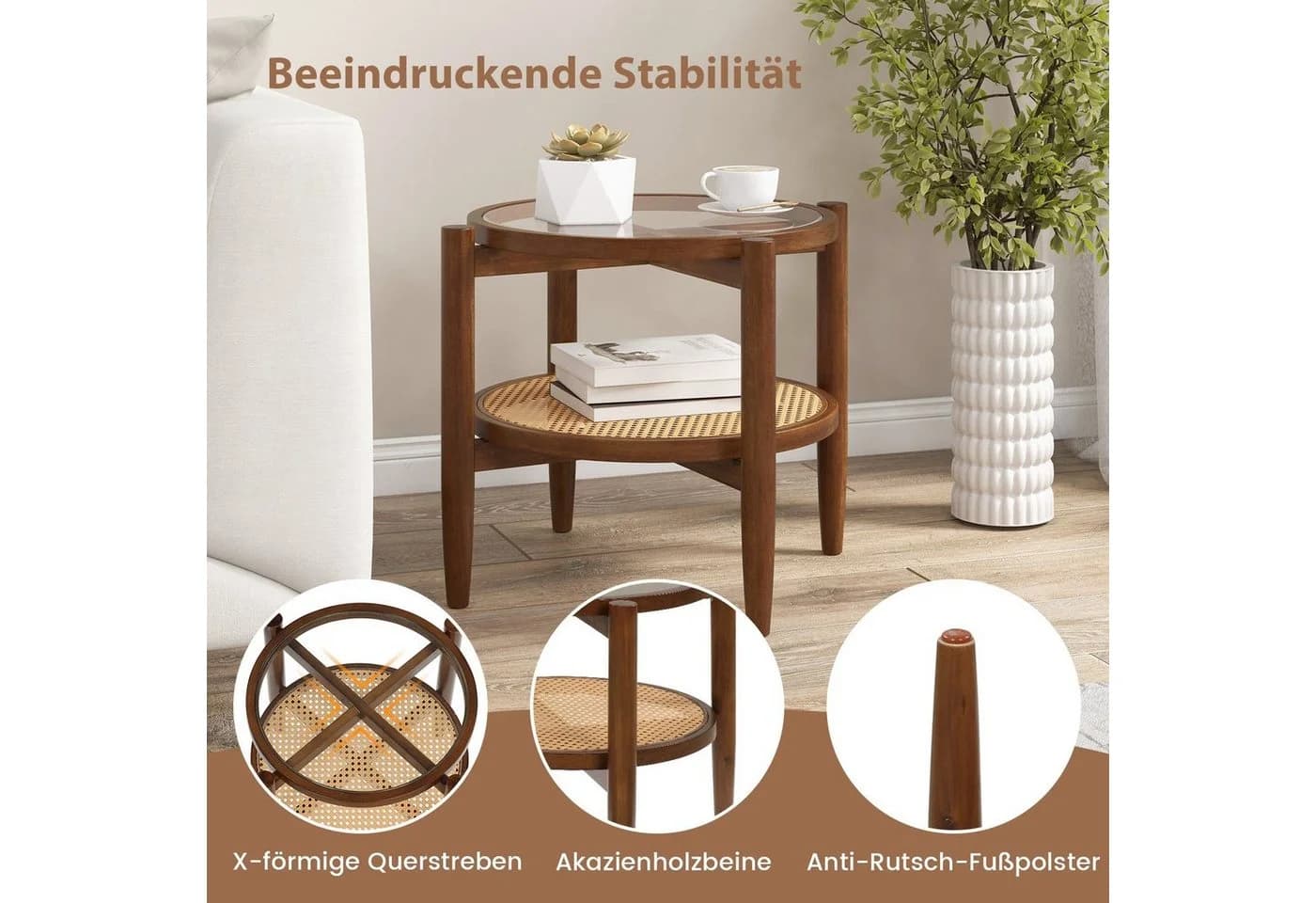 Moderner Beistelltisch aus Akazienholz, Glas und Rattan - Bild 4