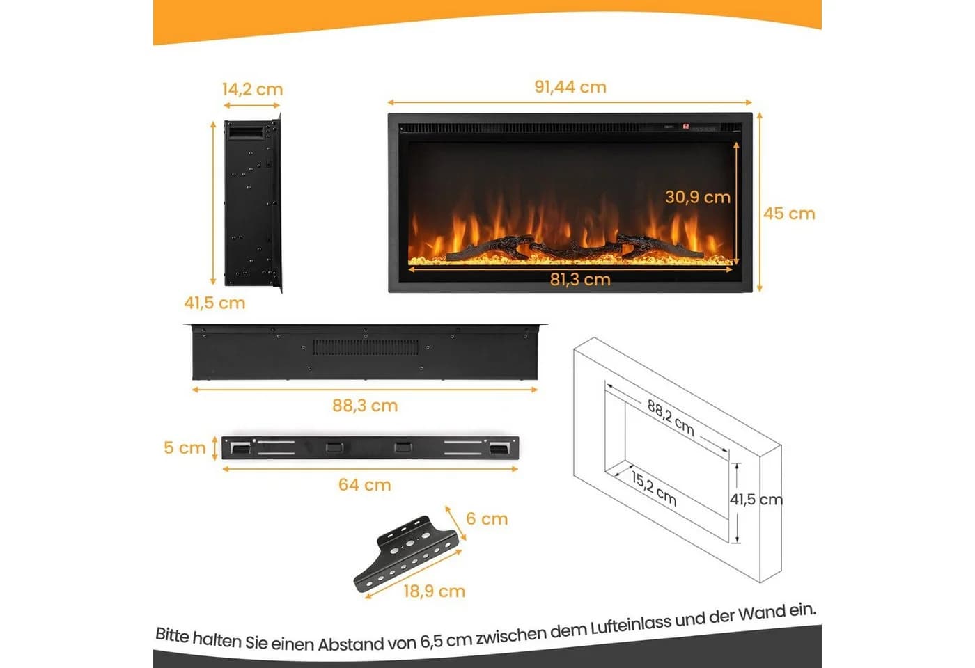 COSTWAY Elektrokamin Schwarz 750W/1500W mit Fernbedienung - Bild 3