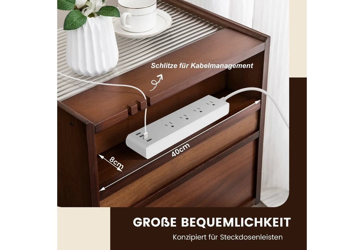 COSTWAY Nachttisch mit Schublade und Glastischplatte aus Bambus & Rattan