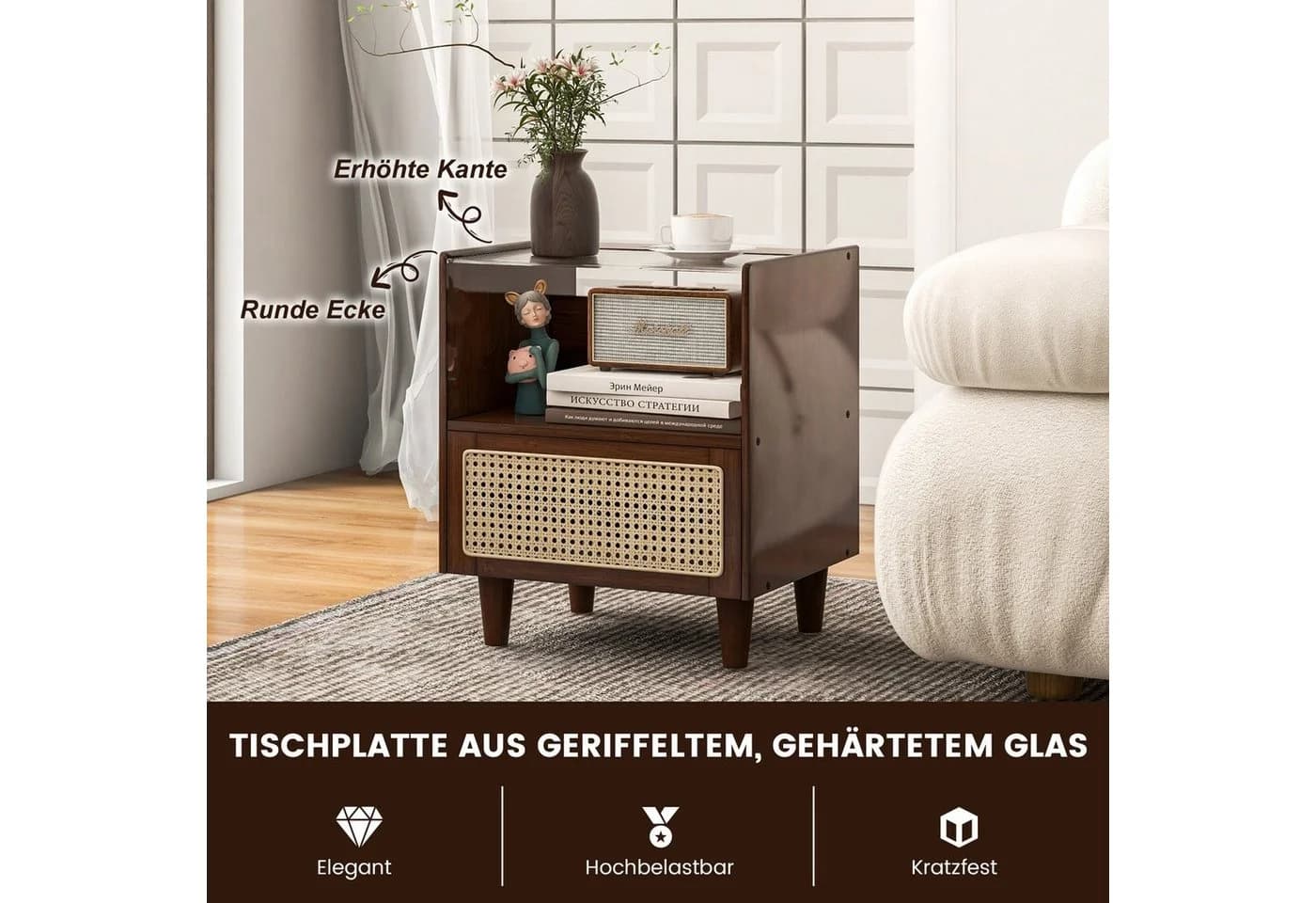COSTWAY Nachttisch mit Schublade und Glastischplatte aus Bambus & Rattan - Bild 3