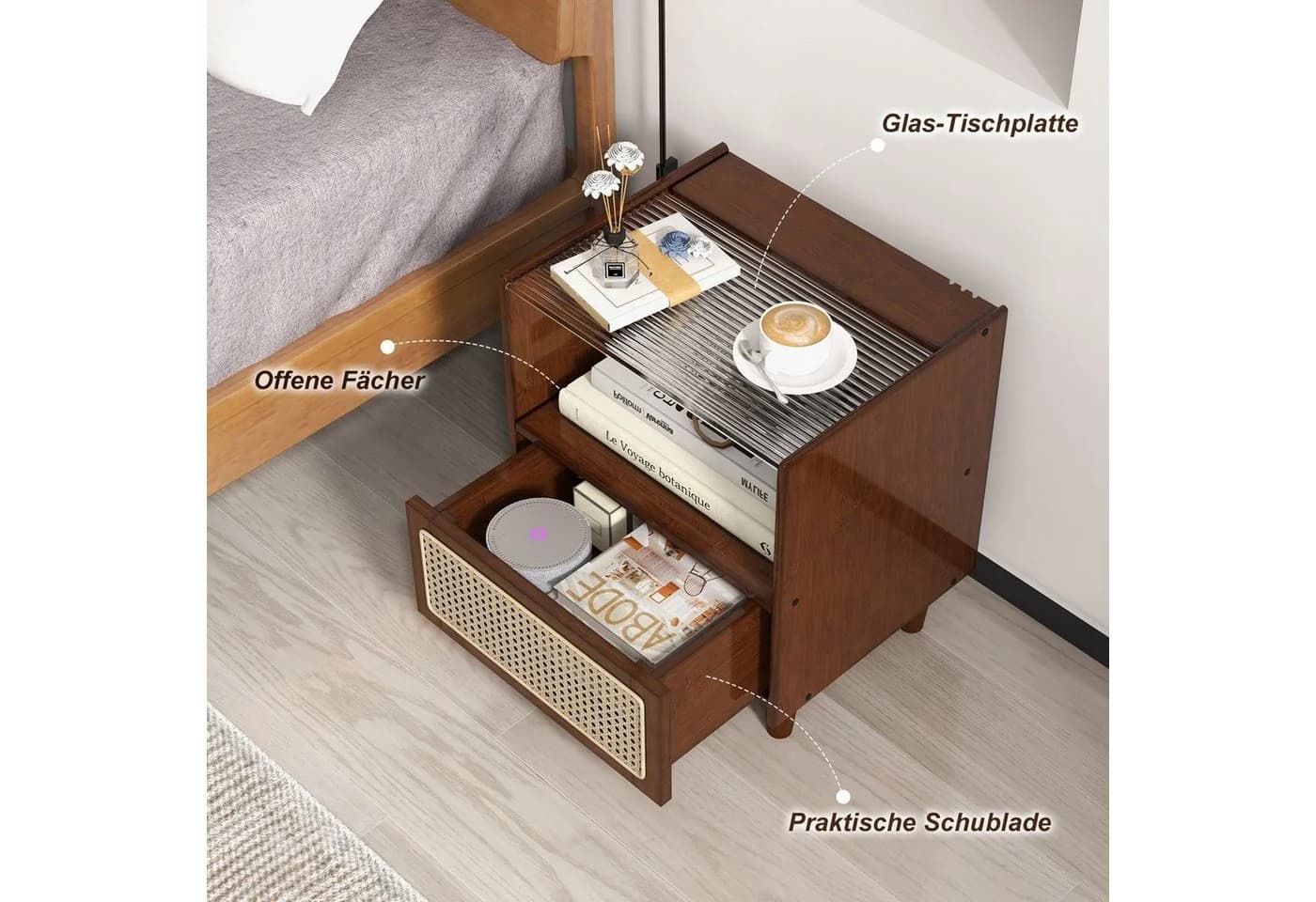 COSTWAY Nachttisch mit Schublade und Glastischplatte aus Bambus & Rattan - Bild 5