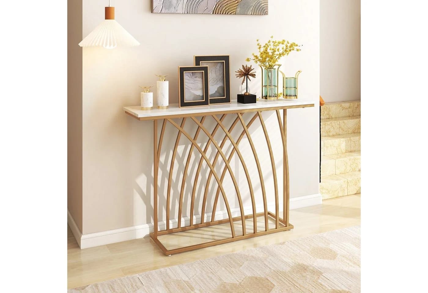 COSTWAY Konsolentisch 120 cm Weiß Gold Metallrahmen