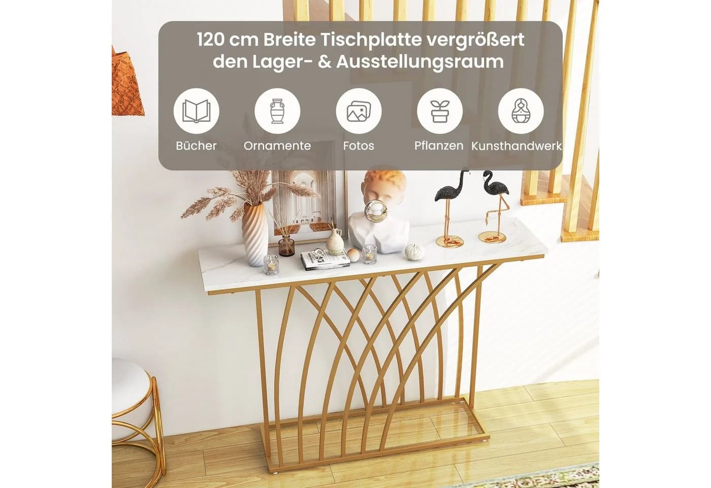 COSTWAY Konsolentisch 120 cm Weiß Gold Metallrahmen - Bild 3