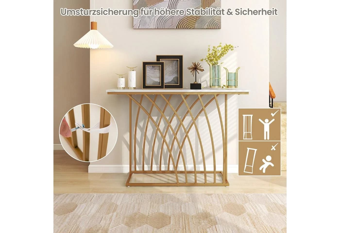 COSTWAY Konsolentisch 120 cm Weiß Gold Metallrahmen - Bild 4