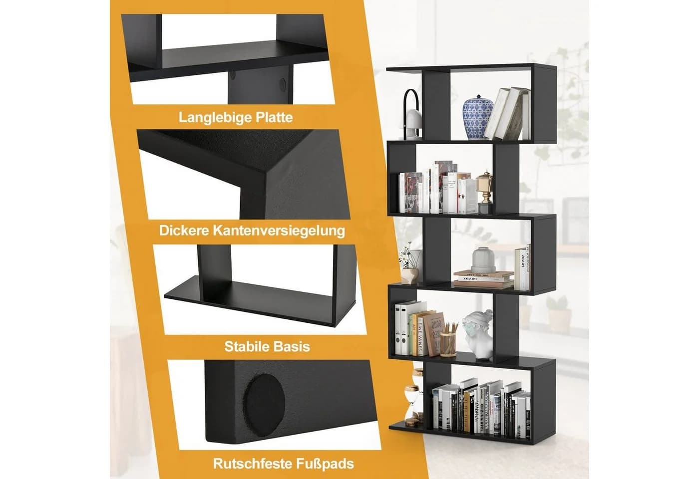 COSTWAY Bücherregal Raumteiler 5 Ebenen 70x23,5x158 cm Schwarz - Bild 5