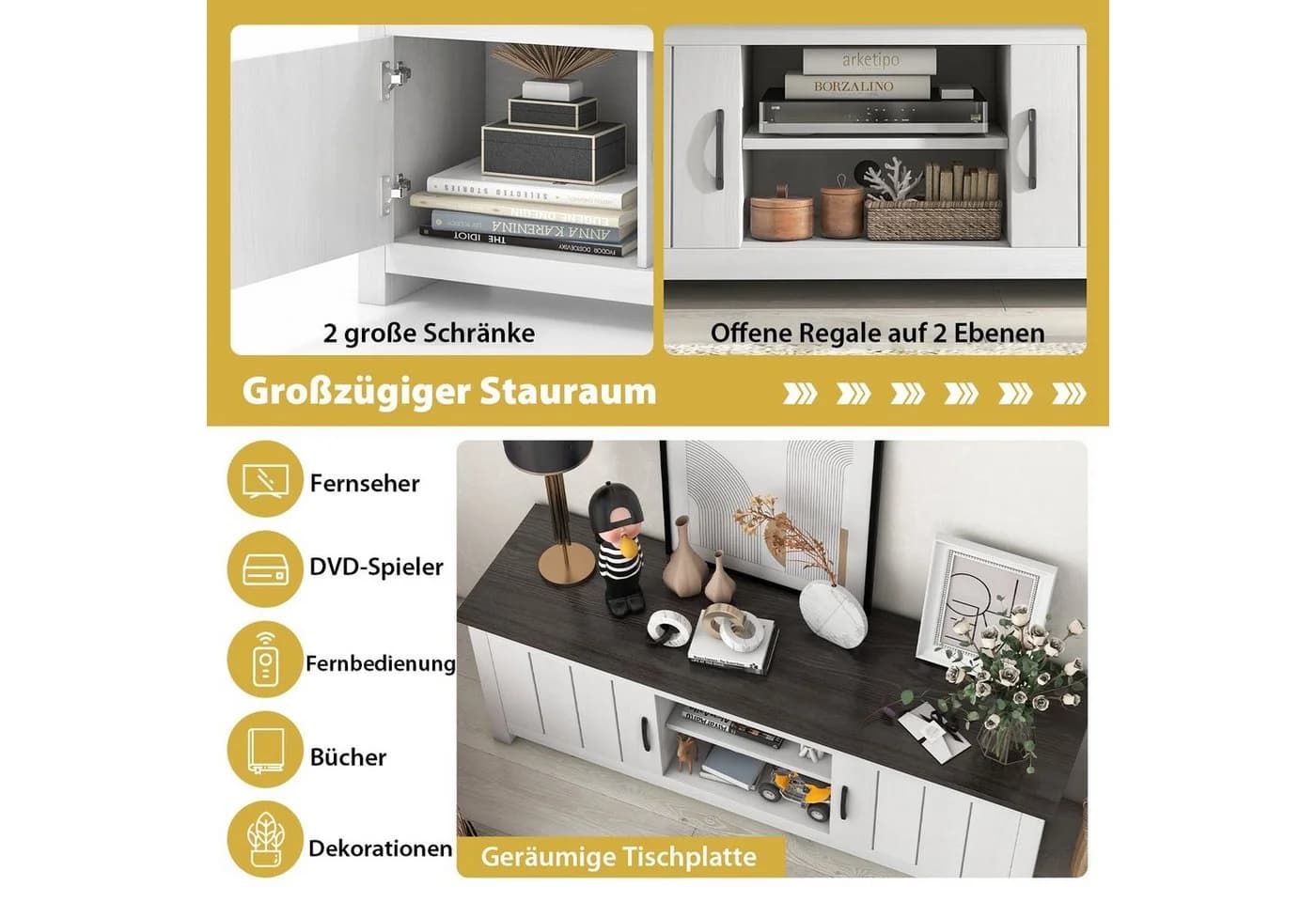 COSTWAY TV-Schrank Holz mit Türen & offenen Regalen, 145x40x50cm - Bild 4