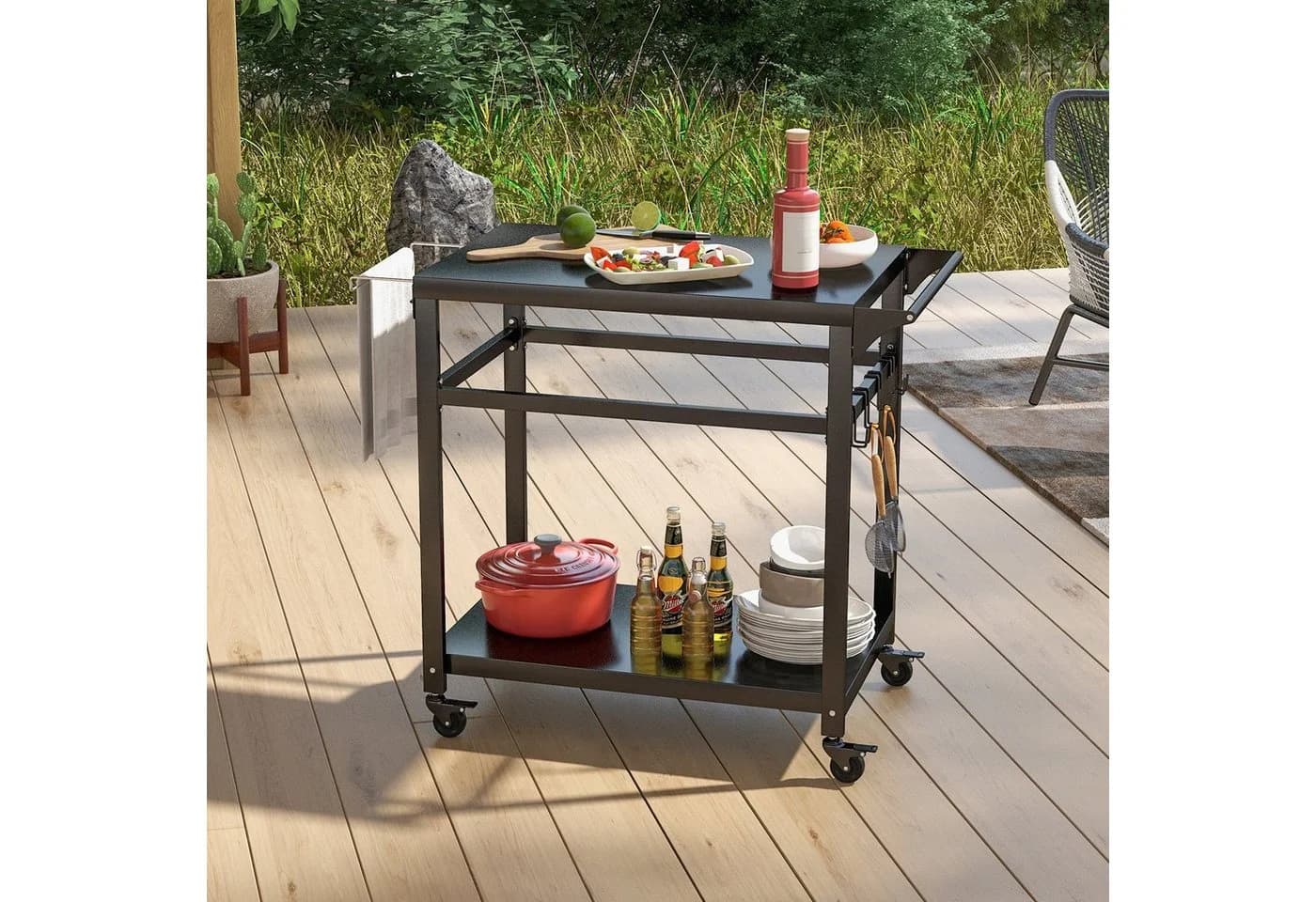 COSTWAY Grillablagetisch mit 2 Ablagen, 4 Rollen & Haken