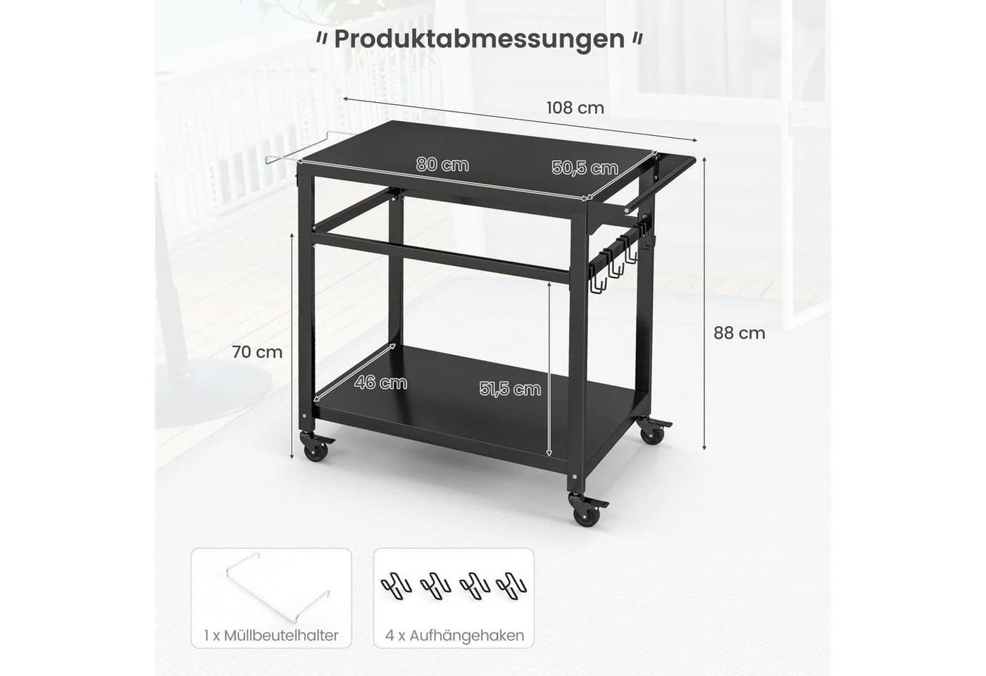 COSTWAY Grillablagetisch mit 2 Ablagen, 4 Rollen & Haken - Bild 3