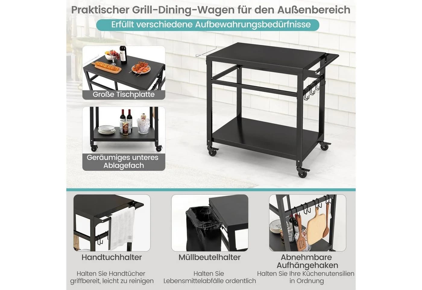 COSTWAY Grillablagetisch mit 2 Ablagen, 4 Rollen & Haken - Bild 4