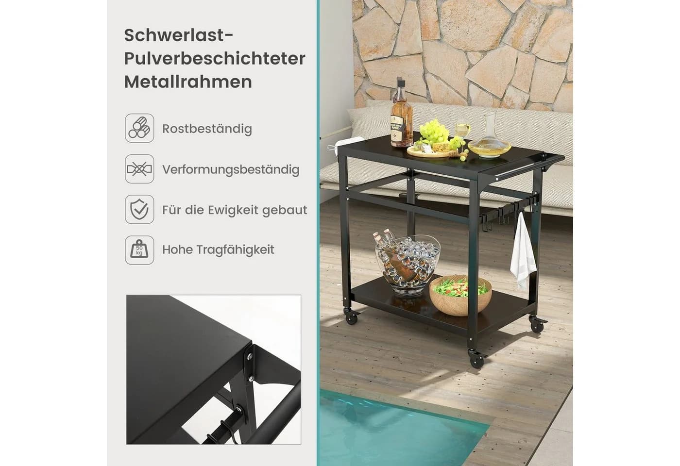COSTWAY Grillablagetisch mit 2 Ablagen, 4 Rollen & Haken - Bild 5