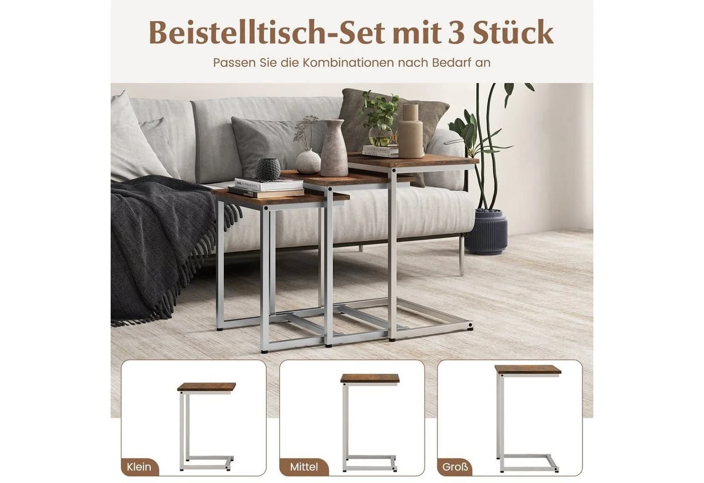 COSTWAY Beistelltisch 3er Set Braun Silber C-Form stapelbar