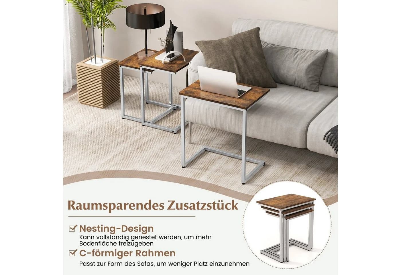 COSTWAY Beistelltisch 3er Set Braun Silber C-Form stapelbar - Bild 3