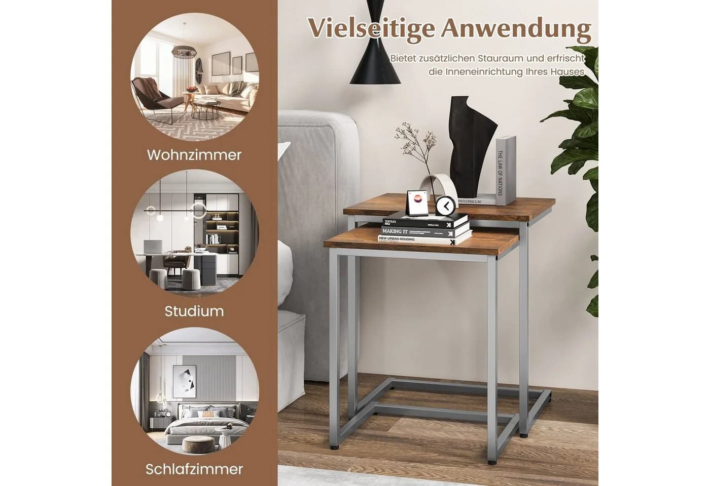 COSTWAY Beistelltisch 3er Set Braun Silber C-Form stapelbar - Bild 4