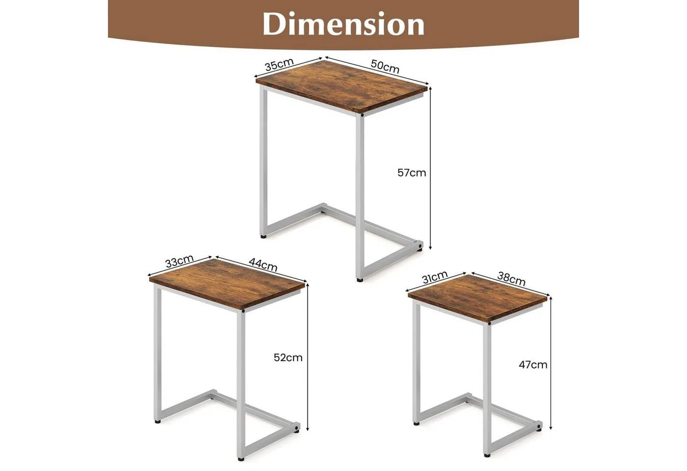 COSTWAY Beistelltisch 3er Set Braun Silber C-Form stapelbar - Bild 5