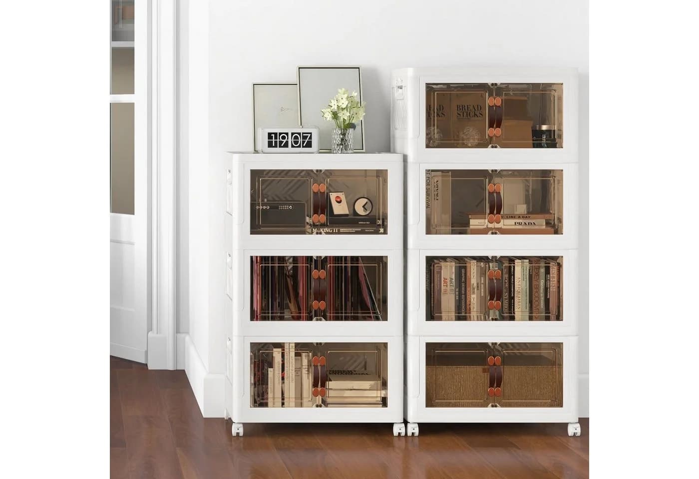COSTWAY Aufbewahrungsbox 4er Set Weiß/Braun mit Rädern & Türen