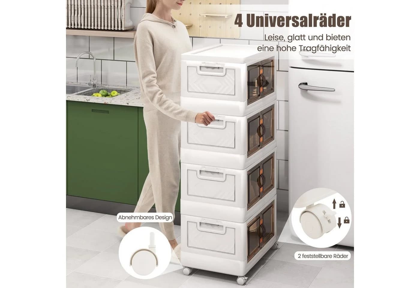 COSTWAY Aufbewahrungsbox 4er Set Weiß/Braun mit Rädern & Türen - Bild 4
