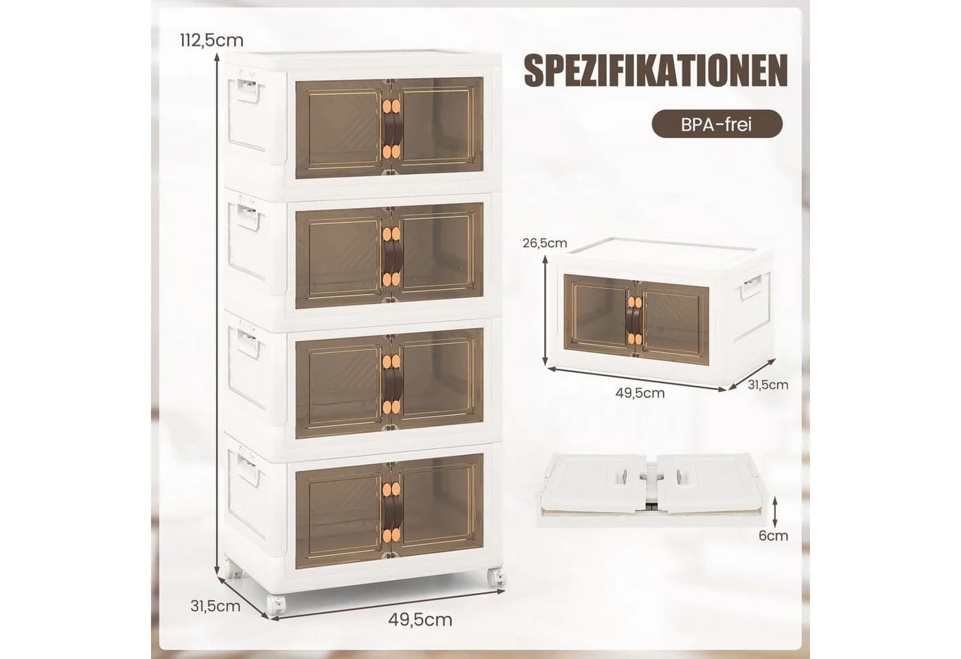 COSTWAY Aufbewahrungsbox 4er Set Weiß/Braun mit Rädern & Türen - Bild 5