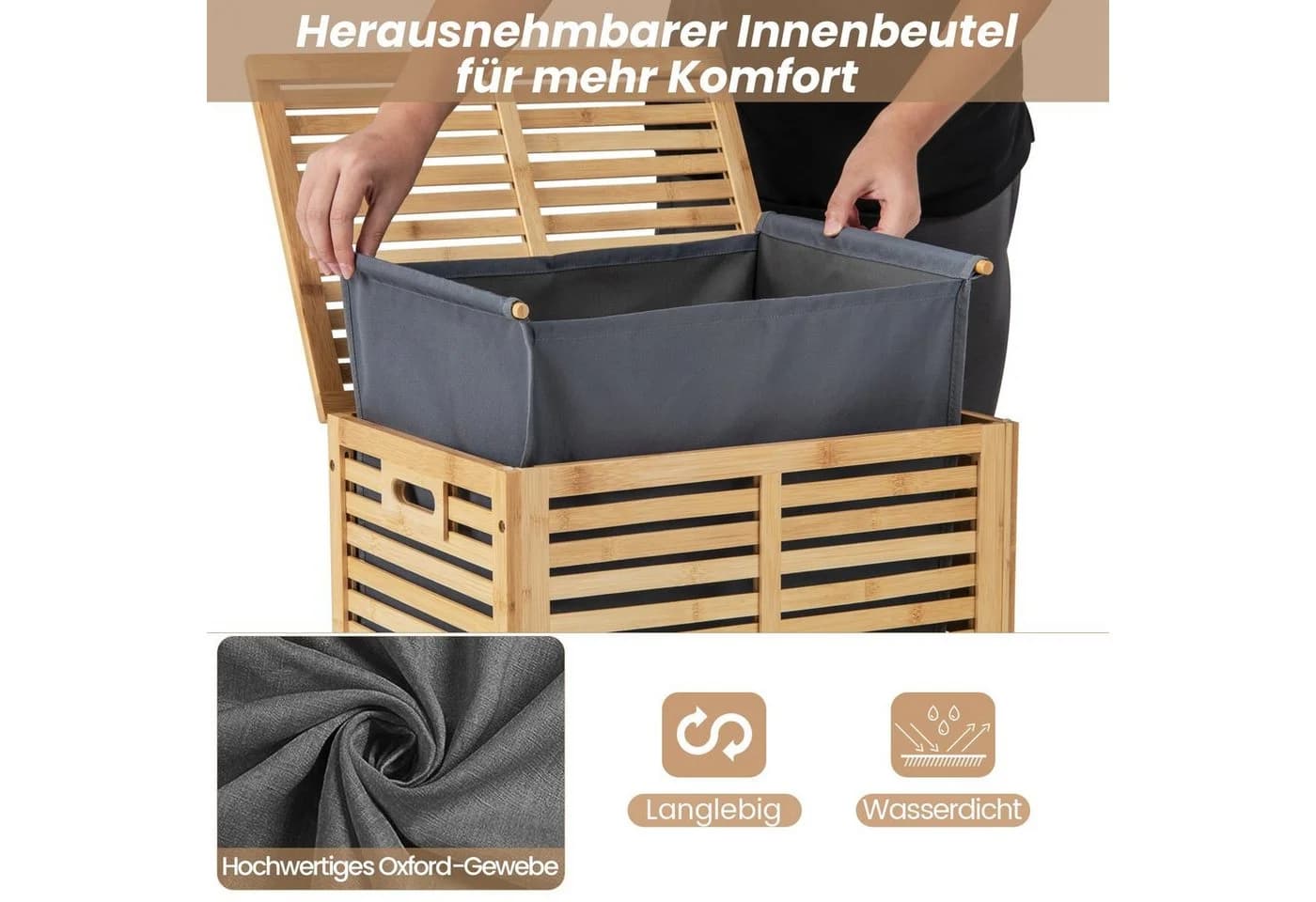 COSTWAY Wäschekorb Bambus 80L mit Deckel & ausnehmbarem Wäschesack Natur - Bild 4