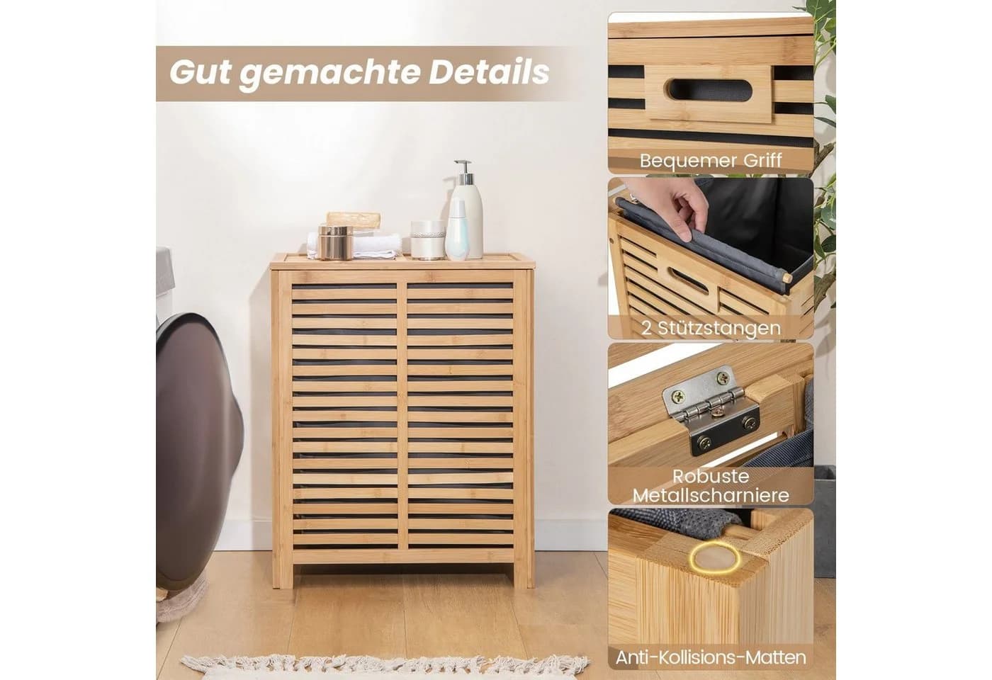 COSTWAY Wäschekorb Bambus 80L mit Deckel & ausnehmbarem Wäschesack Natur - Bild 5