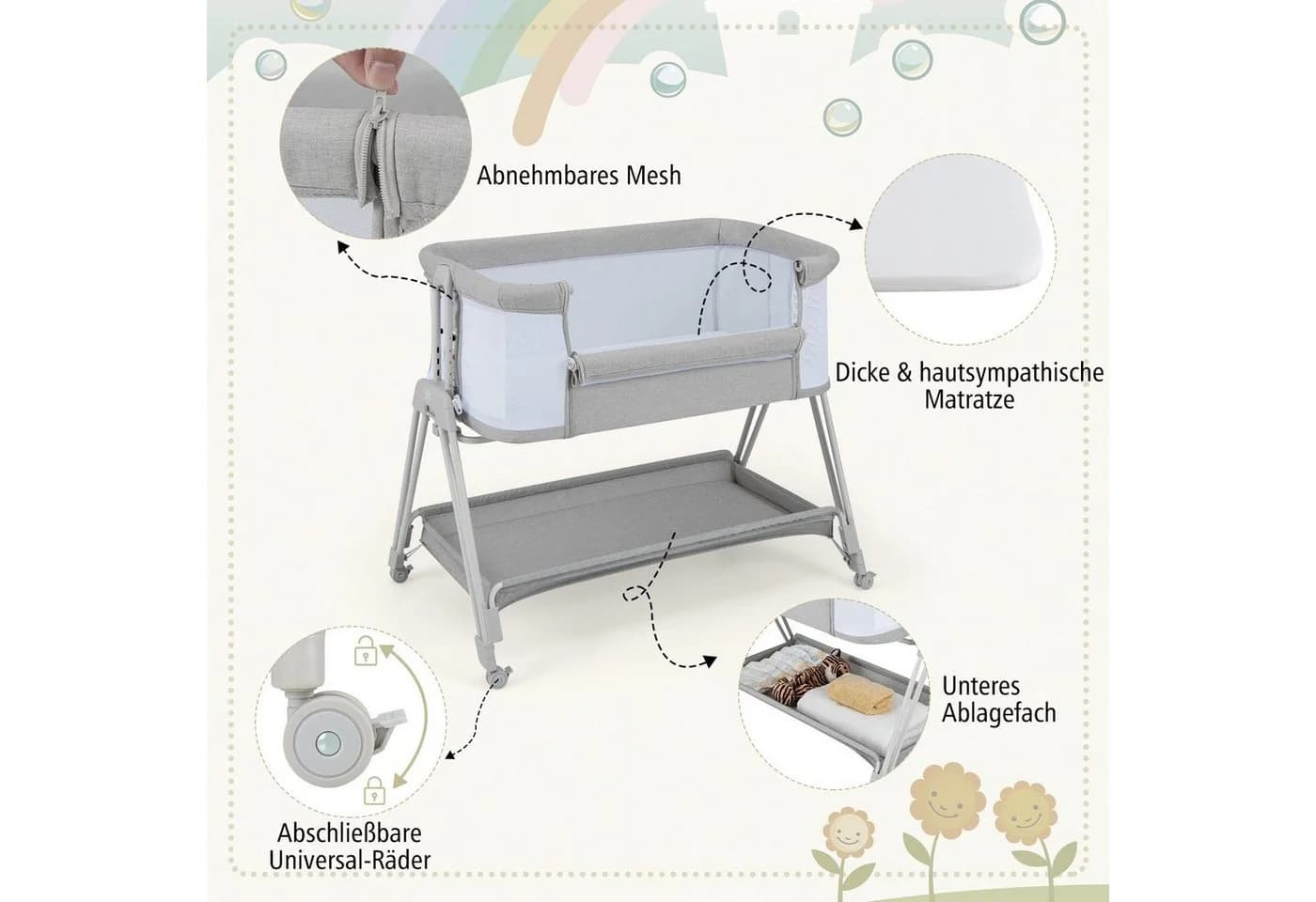 COSTWAY Beistellbett 2 in 1 Reisebett Grau 7-stufig höhenverstellbar