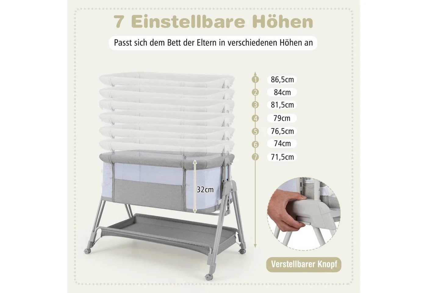 COSTWAY Beistellbett 2 in 1 Reisebett Grau 7-stufig höhenverstellbar - Bild 3