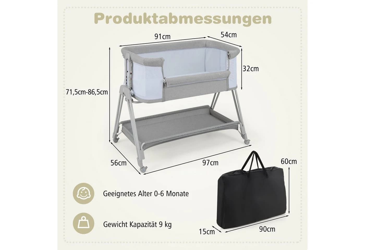 COSTWAY Beistellbett 2 in 1 Reisebett Grau 7-stufig höhenverstellbar - Bild 5